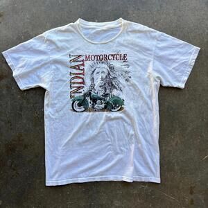 90s Vintage Indian Motorcycle Tee Grunge Distressed Cut Neck Faded White Large